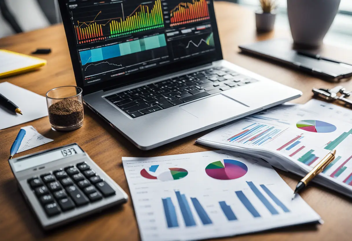 A close-up of a financial report with graphs and charts on a desk.
